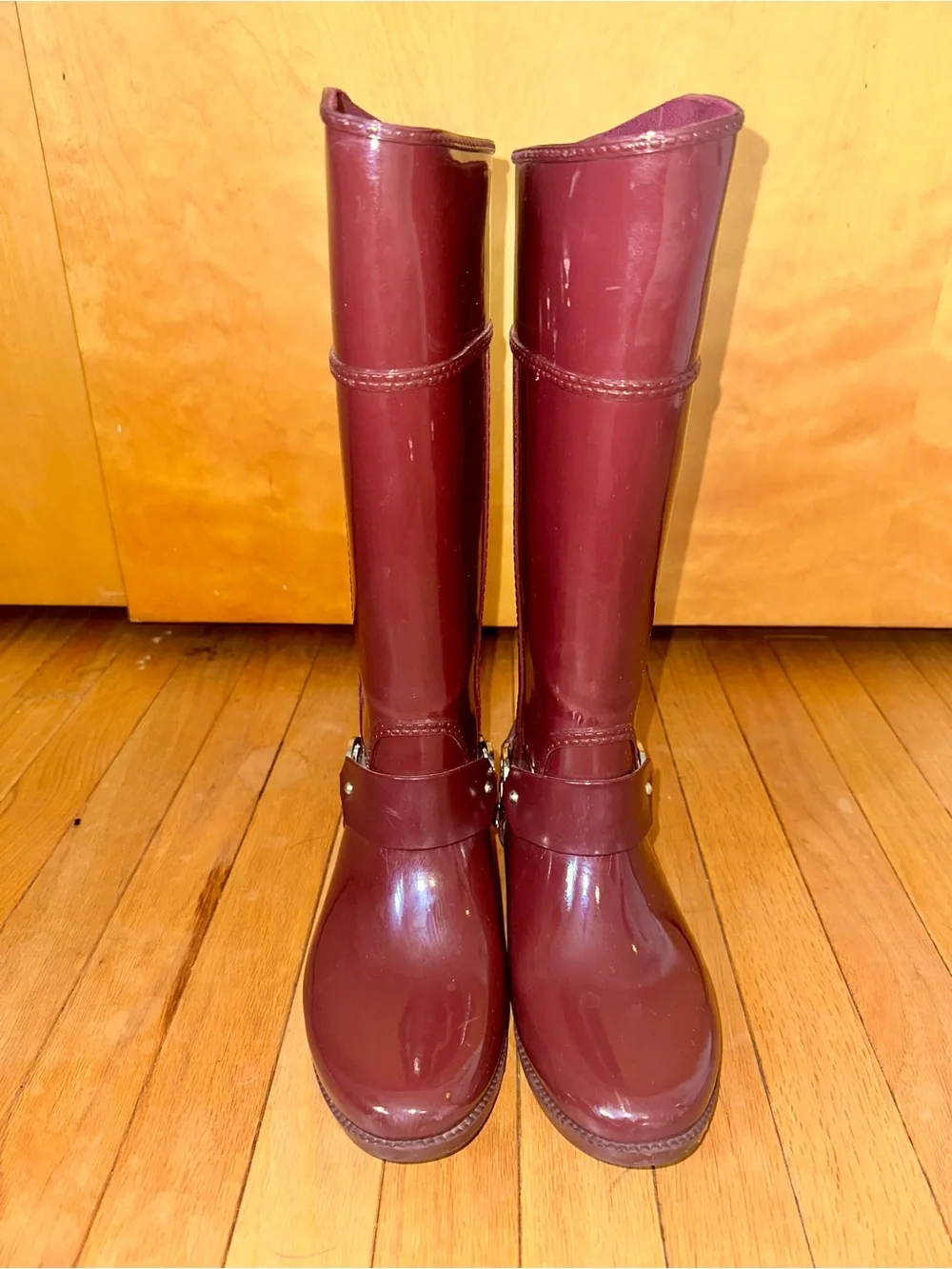 Michael Kors Glossy Burgundy Knee-High Rain Boots with Gold MK Accent